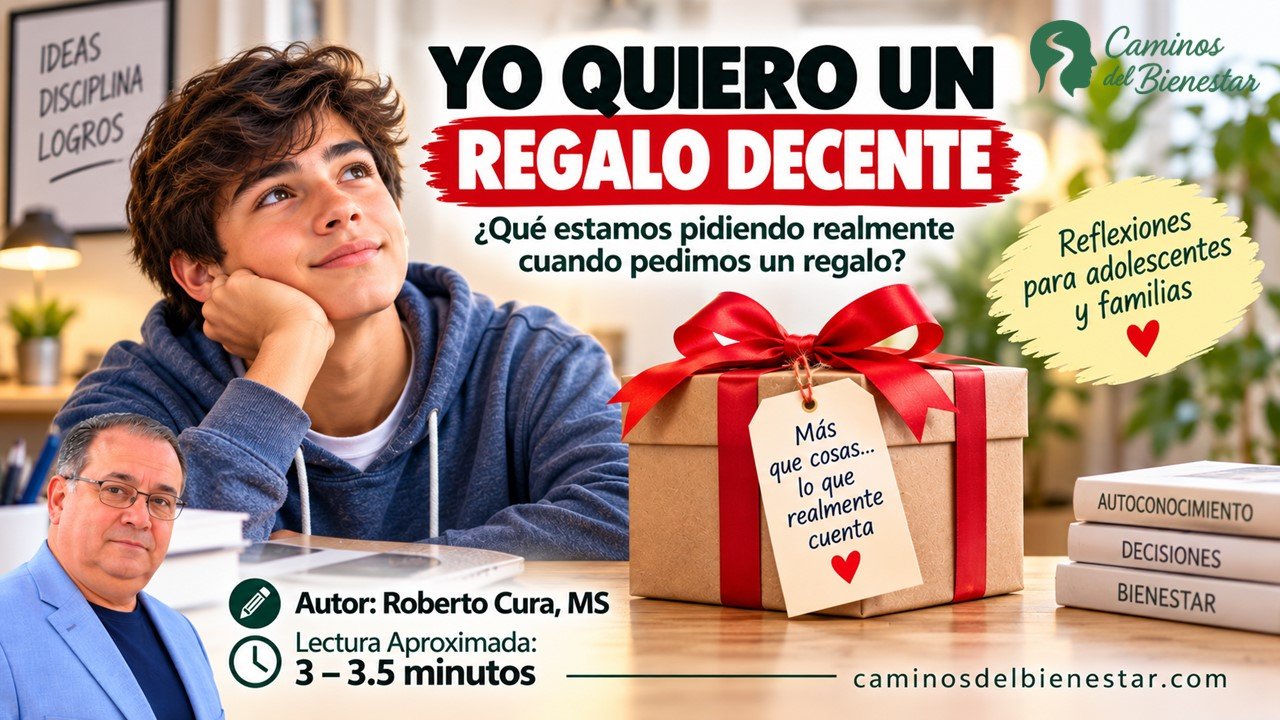 Portada del artículo «Yo quiero un regalo decente», del blog Caminos del Bienestar. Un adolescente sonriente contempla un regalo envuelto con un lazo rojo y una tarjeta que invita a valorar lo que realmente importa. Una reflexión sobre las expectativas de los adolescentes, los regalos materiales, el autoconocimiento y los valores familiares. Autor: Roberto Cura, MS.