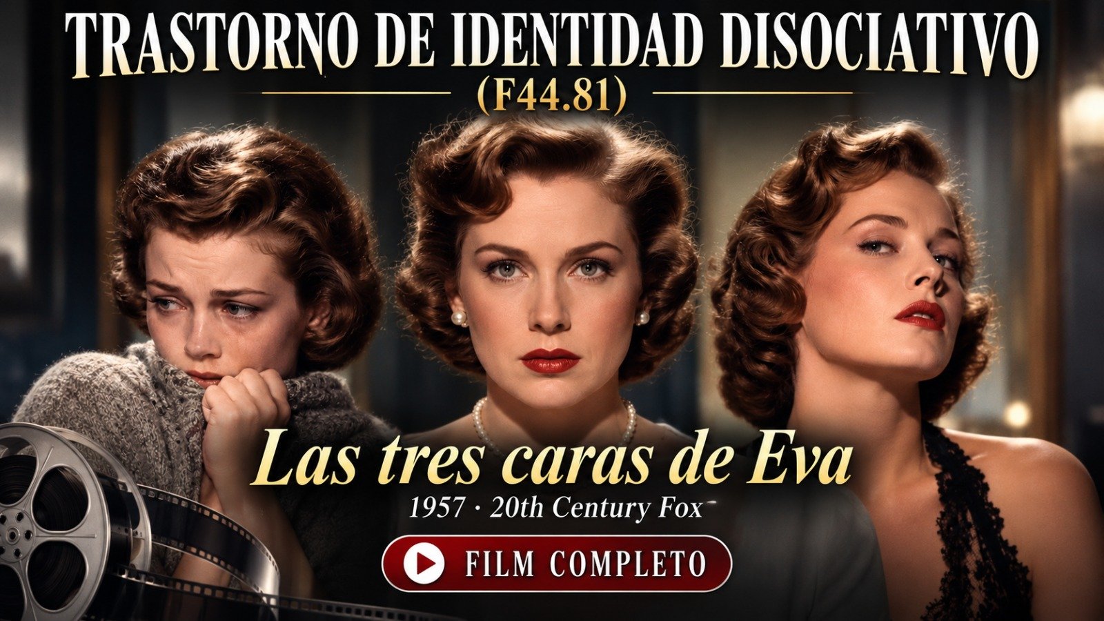 Lámina sobre el trastorno de identidad disociativo (F44.81), ilustrada con tres imágenes de una misma mujer que expresan diferentes estados emocionales. Incluye una referencia a la película «Las tres caras de Eva» (1957), relacionada con el tema de la identidad disociativa.