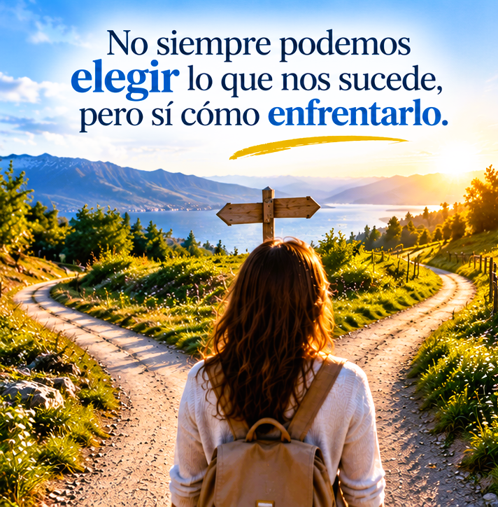 Mujer contemplando dos caminos en un paisaje natural, símbolo de las decisiones y de nuestra manera de afrontar la vida para alcanzar la felicidad.